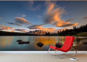 Two Jack Lake Sunset Wall Mural Wallpaper - Canvas Art Rocks - 2