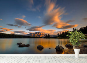 Two Jack Lake Sunset Wall Mural Wallpaper - Canvas Art Rocks - 4