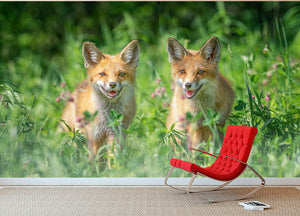 Foxes In Sprint Wall Mural Wallpaper - Canvas Art Rocks - 2