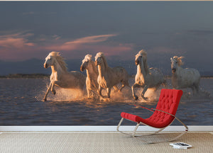 Camargue horses on sunset Wall Mural Wallpaper - Canvas Art Rocks - 2