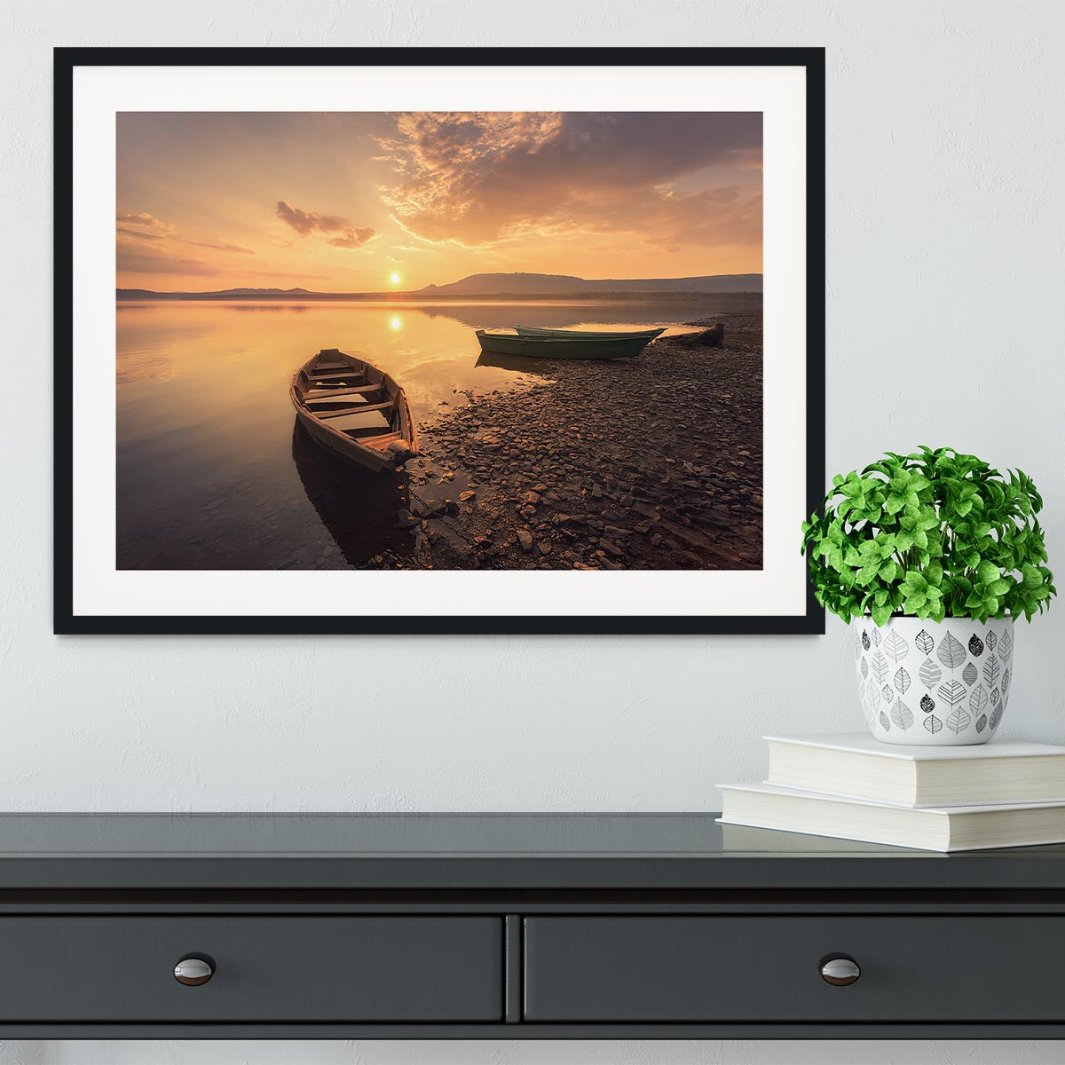 Rowing Boats In The Sunset Framed Print - Canvas Art Rocks - 1