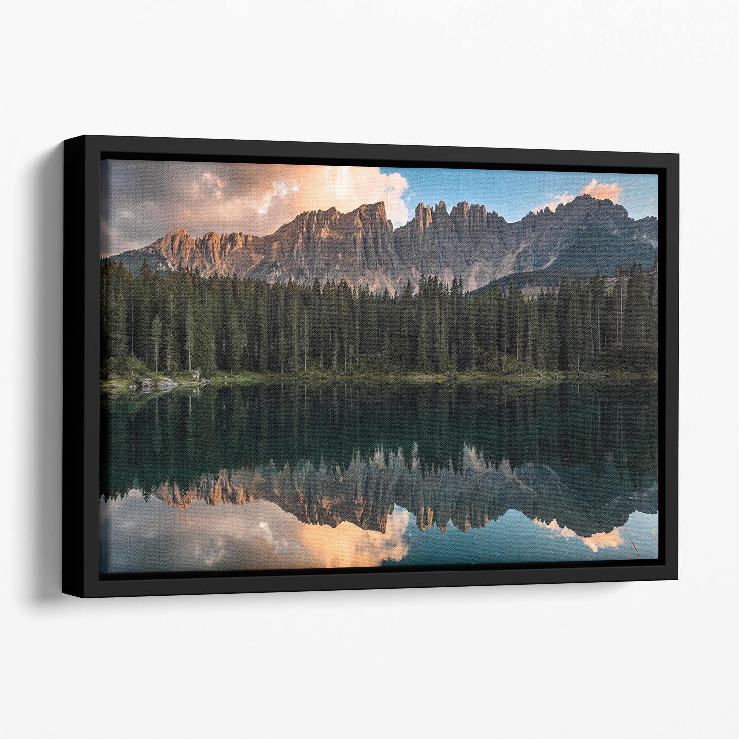 Sunset At Lake Carezza Floating Framed Canvas - Canvas Art Rocks - 1