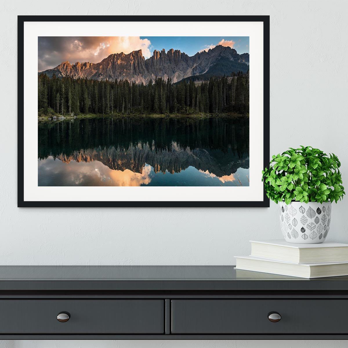 Sunset At Lake Carezza Framed Print - Canvas Art Rocks - 1