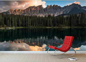 Sunset At Lake Carezza Wall Mural Wallpaper - Canvas Art Rocks - 2