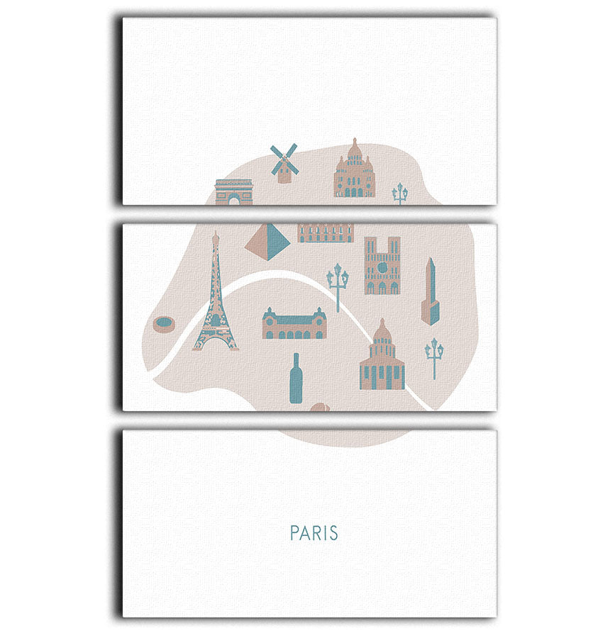 Paris Map 3 Split Panel Canvas Print - Canvas Art Rocks - 1