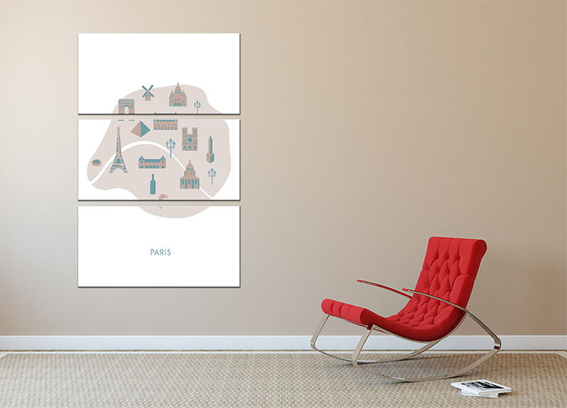 Paris Map 3 Split Panel Canvas Print - Canvas Art Rocks - 2