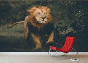 Lion Running In The Woods Wall Mural Wallpaper - Canvas Art Rocks - 2