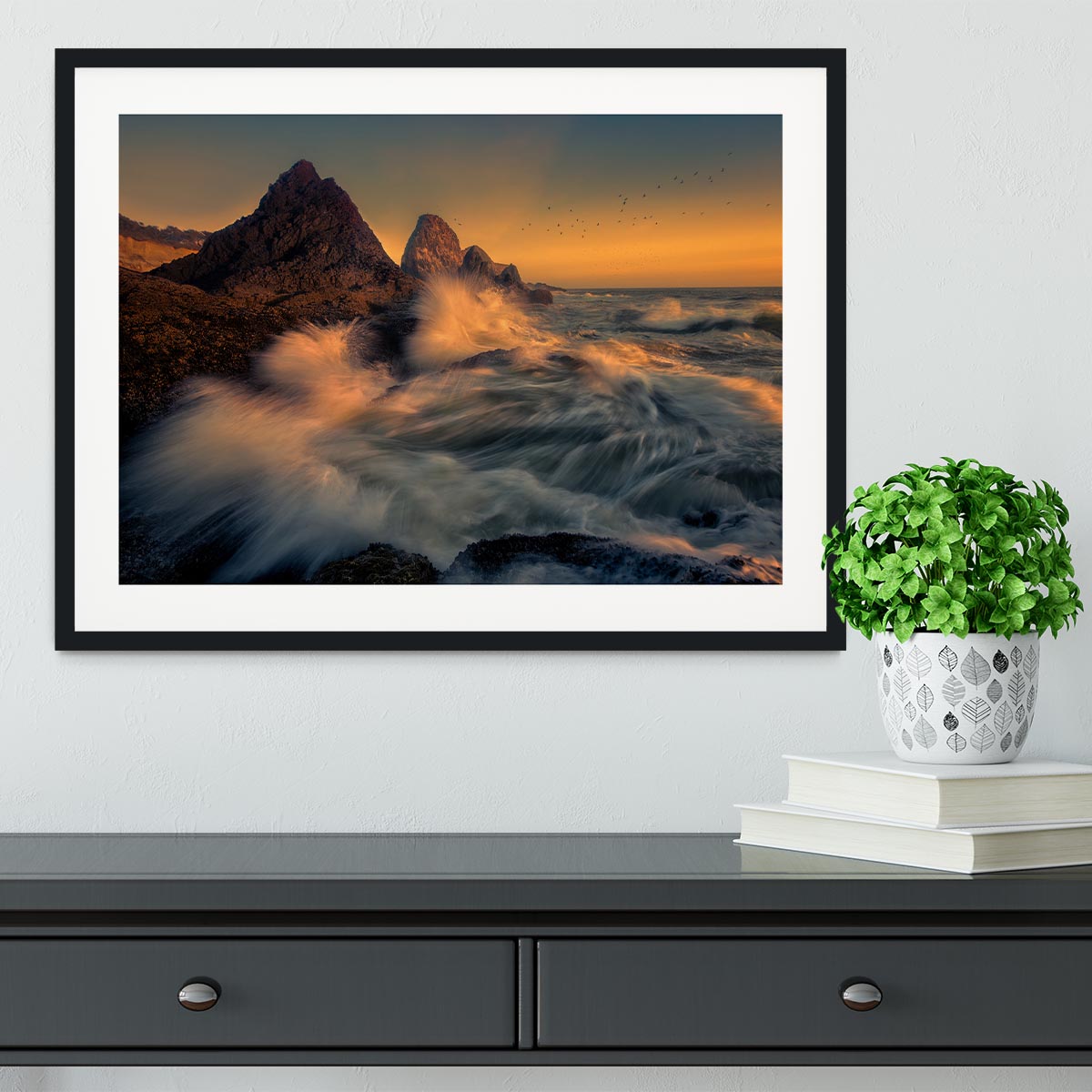 Waves Crashing Into Cliff Framed Print - Canvas Art Rocks - 1