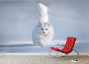 White Kitten Running In Snow Wall Mural Wallpaper - Canvas Art Rocks - 2