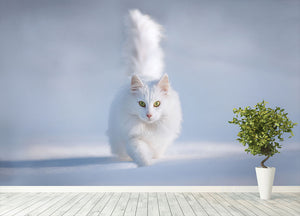 White Kitten Running In Snow Wall Mural Wallpaper - Canvas Art Rocks - 4