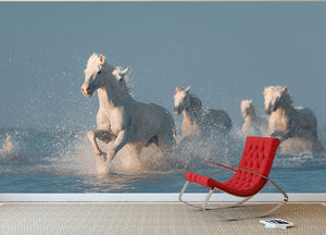 Wite Horses Running In Water Wall Mural Wallpaper - Canvas Art Rocks - 2