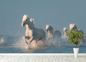 Wite Horses Running In Water Wall Mural Wallpaper - Canvas Art Rocks - 4