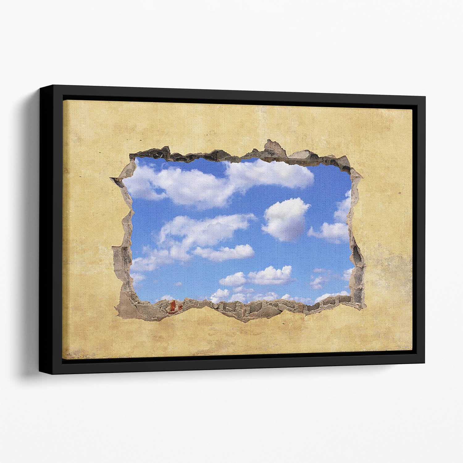 A Hole in a Wall with Blue Sky Floating Framed Canvas