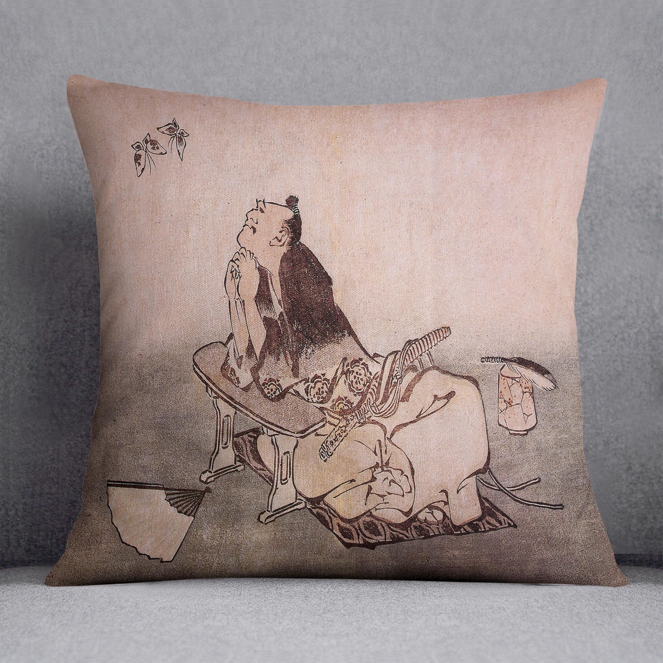 A Philospher looking at two butterflies by Hokusai Throw Pillow
