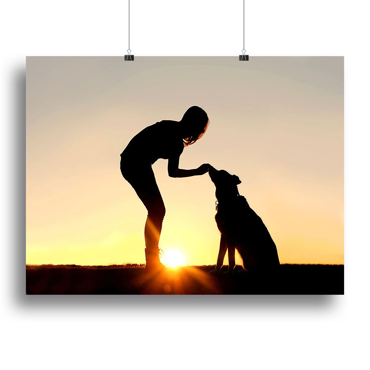 A silhouette of a girl sitting outside in the grass with her pet German Shepherd Mix Dog feeding him treats during training in front of a sunsetting sky. Canvas Print or Poster