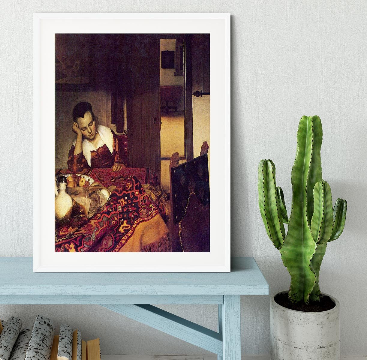 A woman asleep by Vermeer Framed Print - Canvas Art Rocks - 5