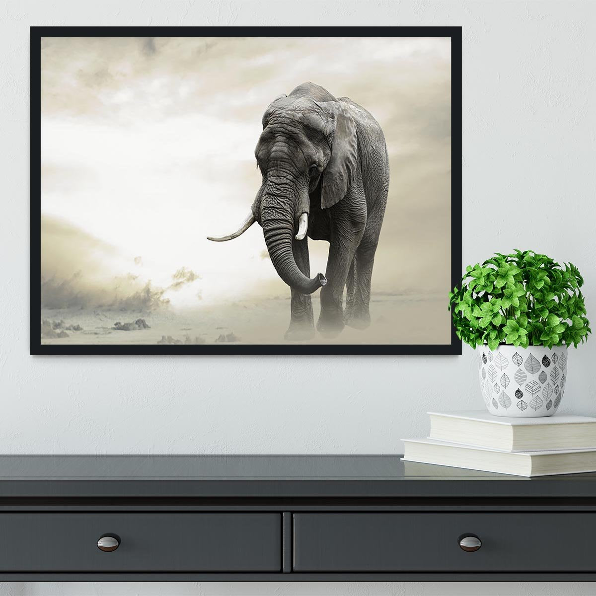 African elephant male walking alone in desert at sunset Framed Print - Canvas Art Rocks - 2