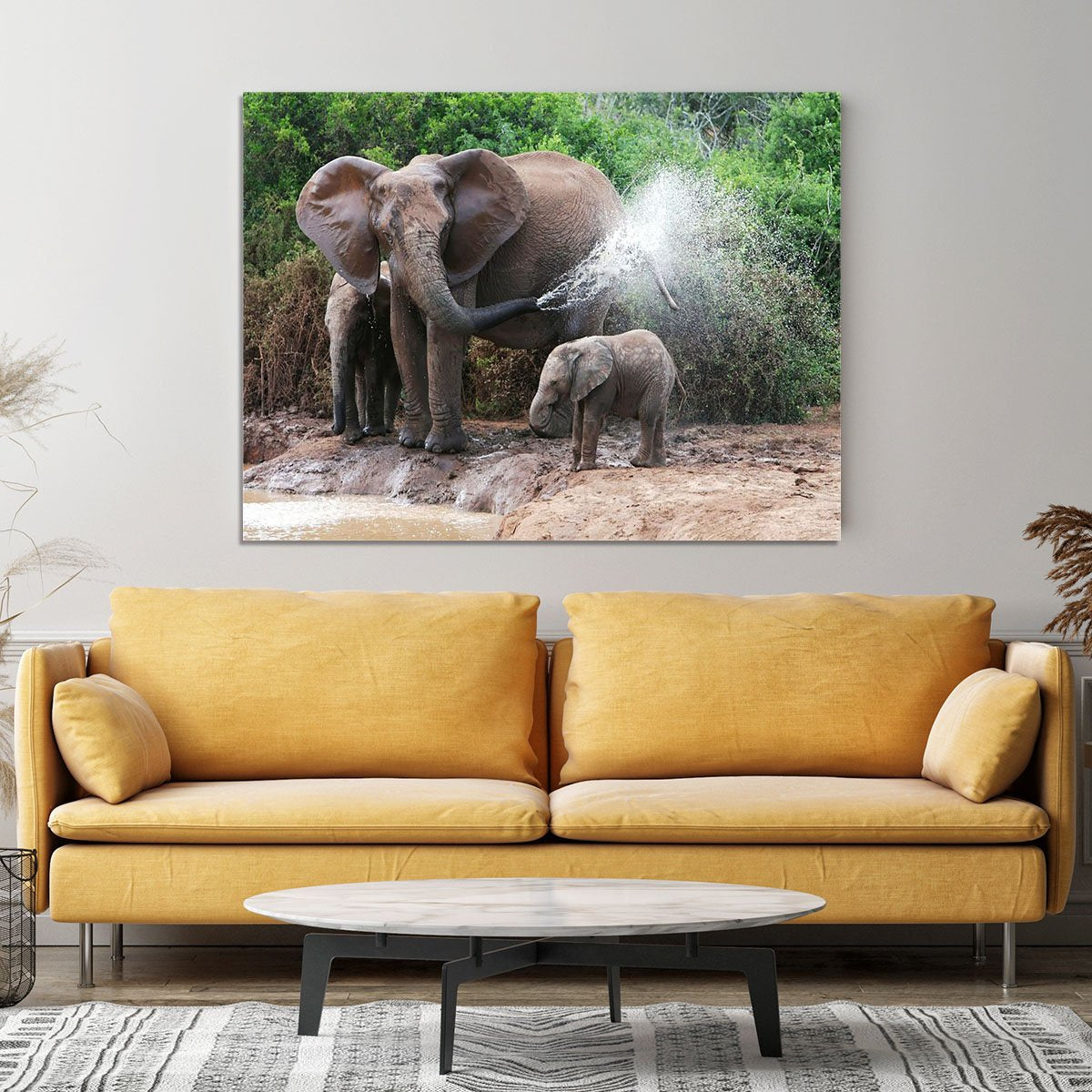 African elephant mother and baby cooling off Canvas Print or Poster