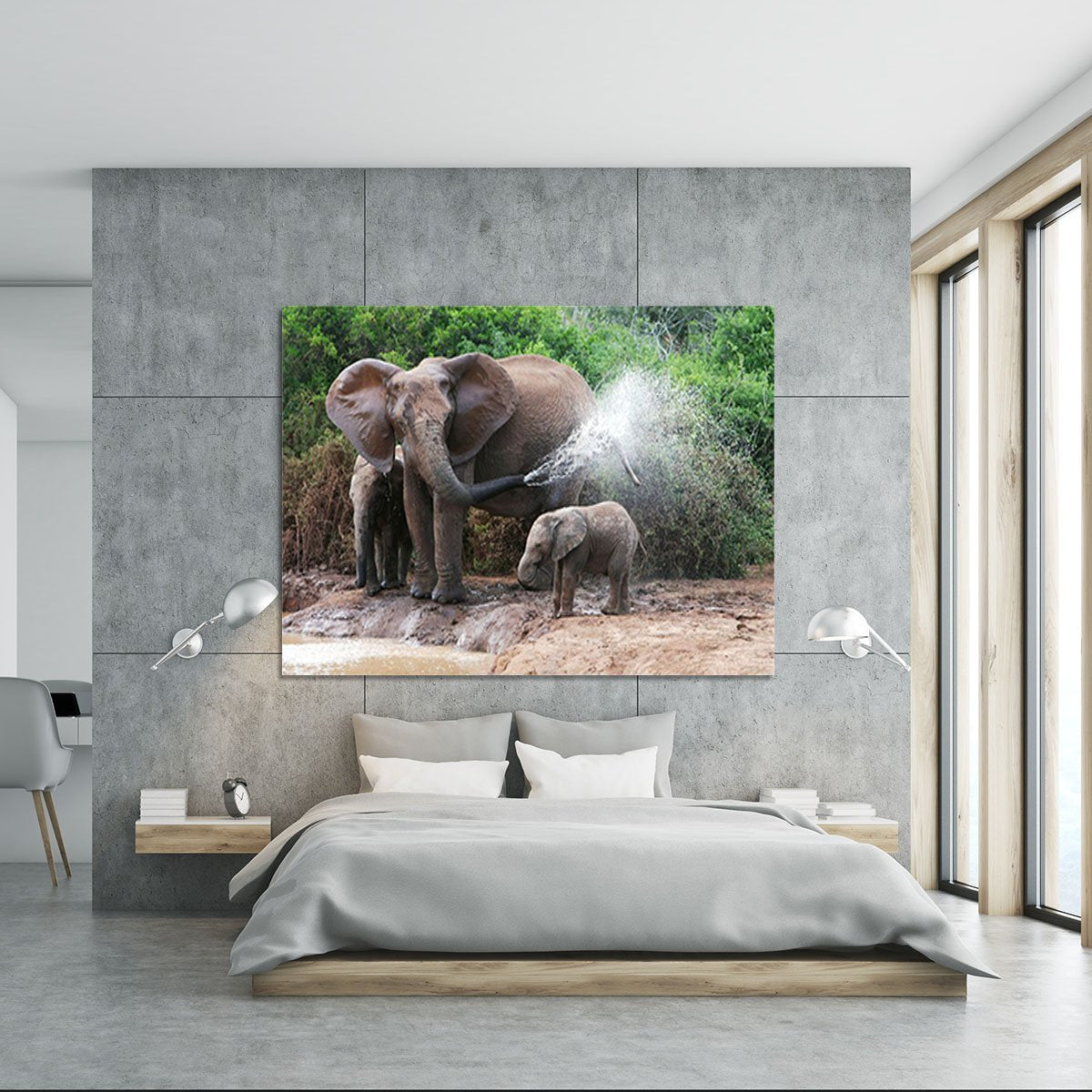 African elephant mother and baby cooling off Canvas Print or Poster