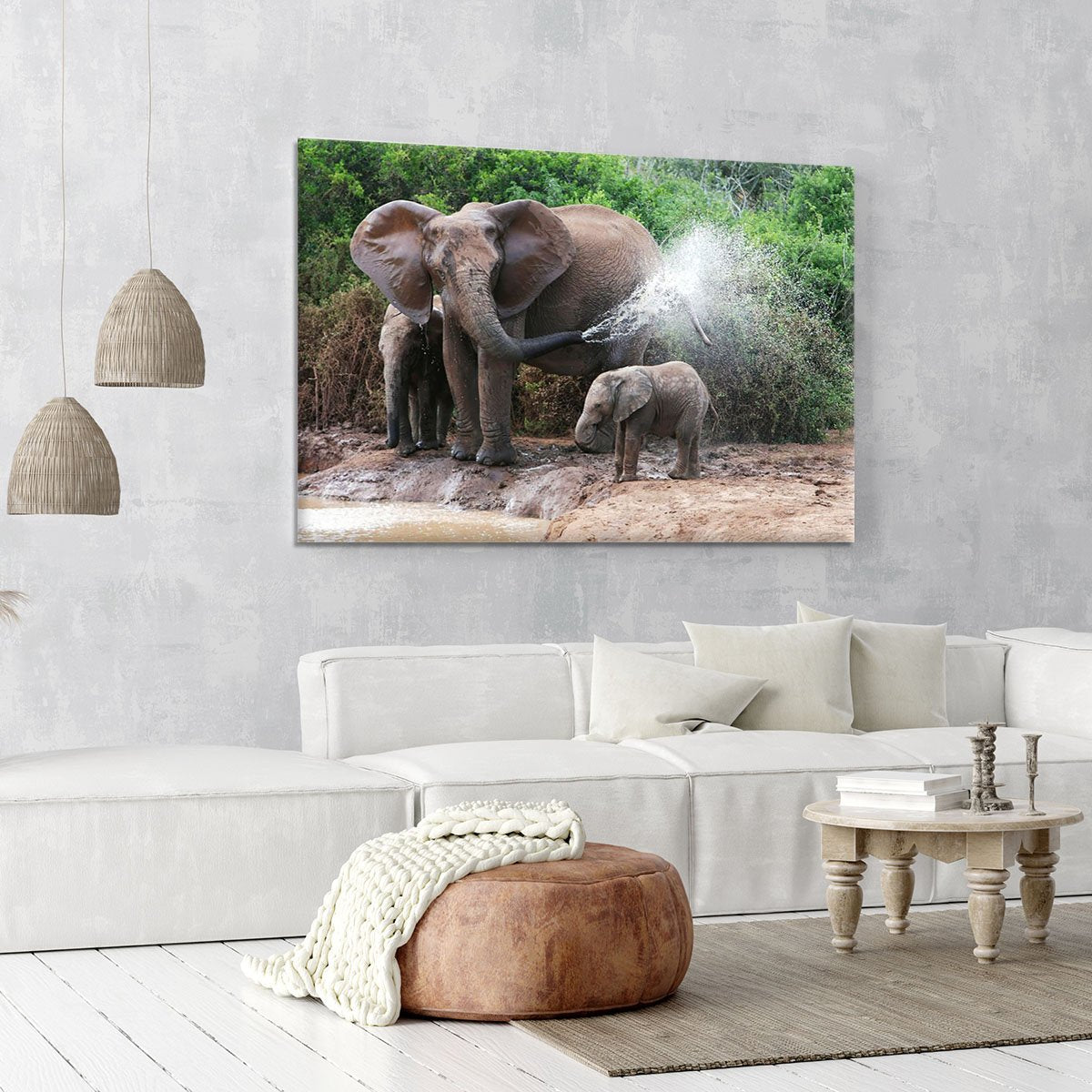 African elephant mother and baby cooling off Canvas Print or Poster