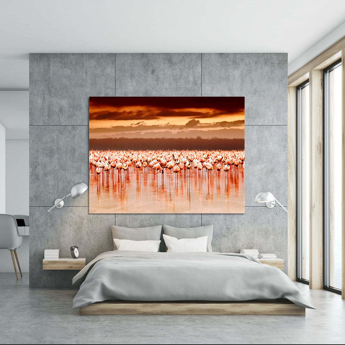 African flamingos in the lake over beautiful sunset Canvas Print or Poster