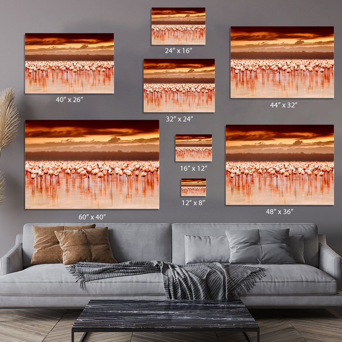 African flamingos in the lake over beautiful sunset Canvas Print or Poster