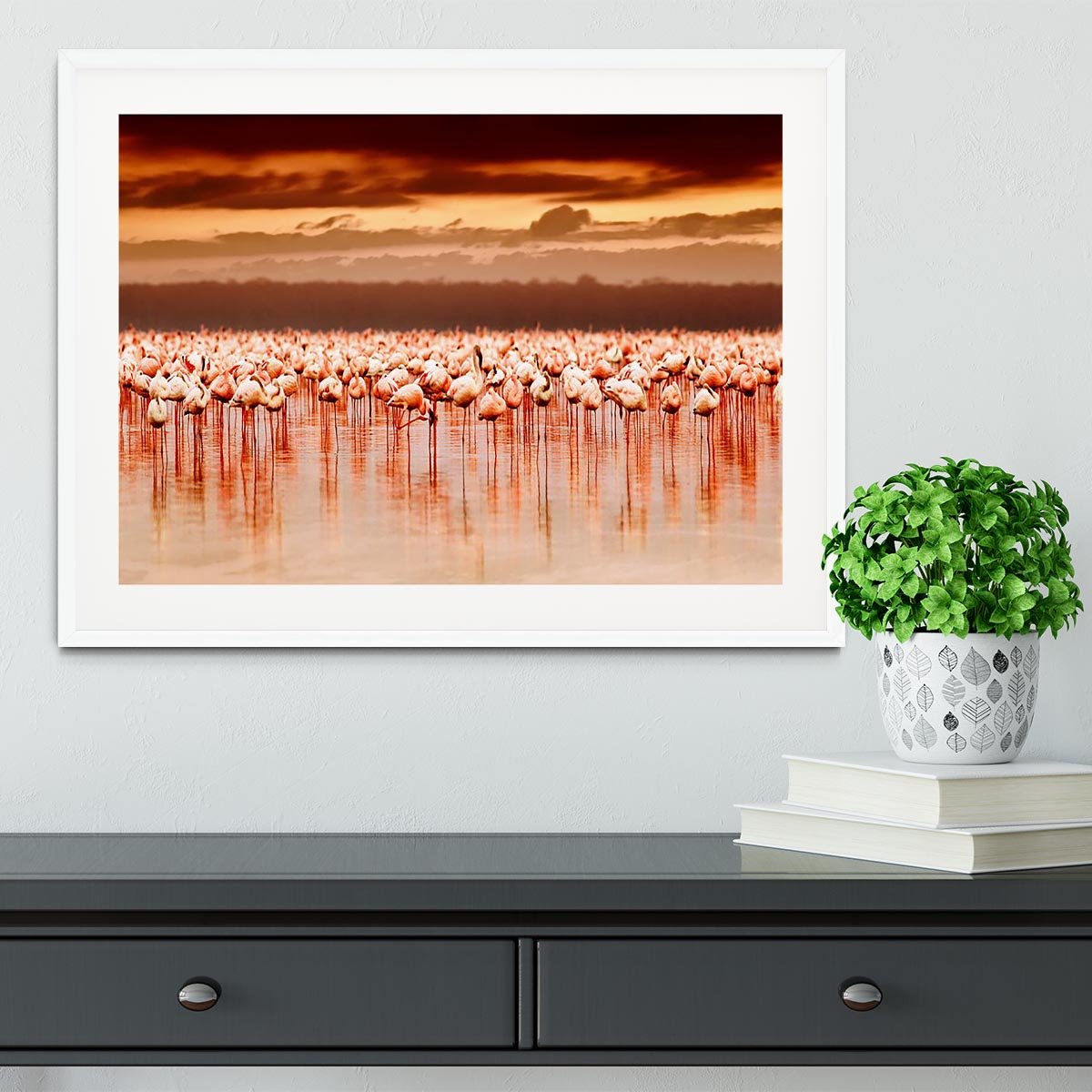 African flamingos in the lake over beautiful sunset Framed Print - Canvas Art Rocks - 5
