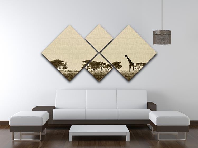 African landscape with giraffe in black and white 4 Square Multi Panel Canvas - Canvas Art Rocks - 3