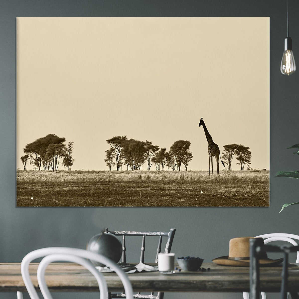 African landscape with giraffe in black and white Canvas Print or Poster