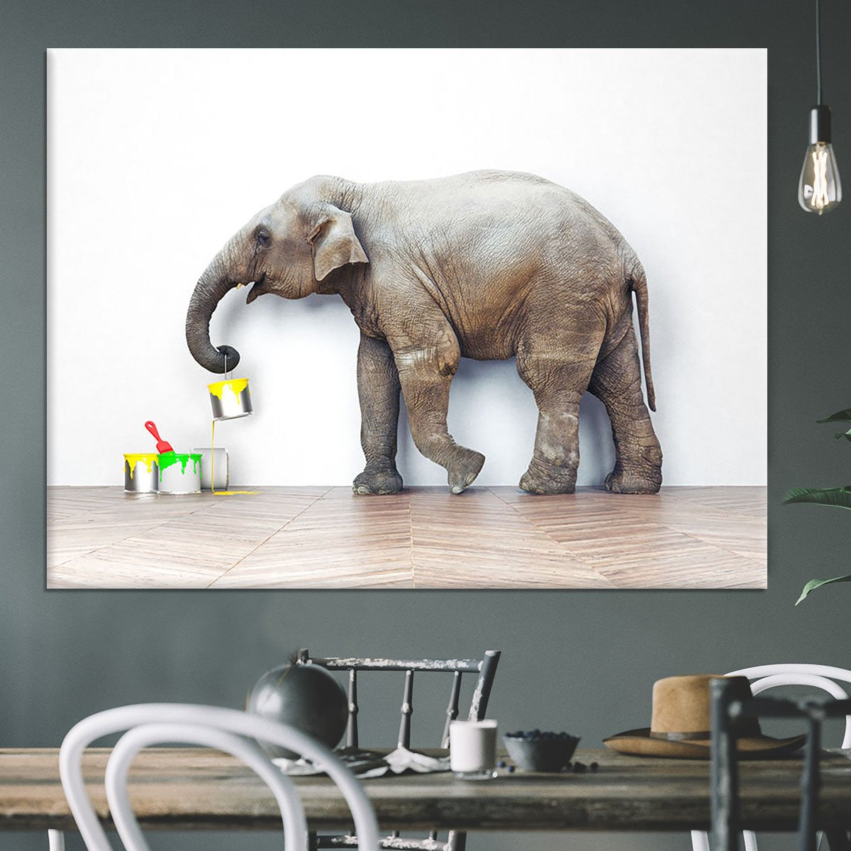 An elephant with paint cans Canvas Print or Poster