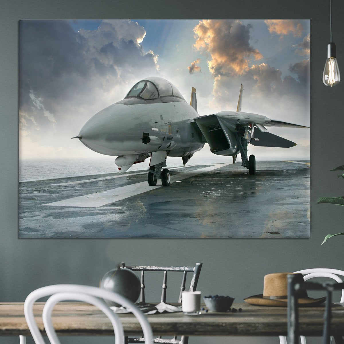 An jet fighter sits on the deck Canvas Print or Poster