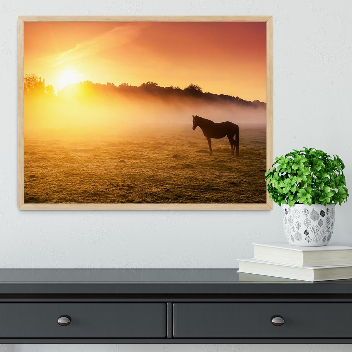 Arabian horses grazing on pasture at sundown in orange sunny beams. Dramatic foggy scene Framed Print - Canvas Art Rocks - 4