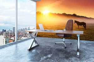 Arabian horses grazing on pasture at sundown in orange sunny beams. Dramatic foggy scene Wall Mural Wallpaper - Canvas Art Rocks - 3