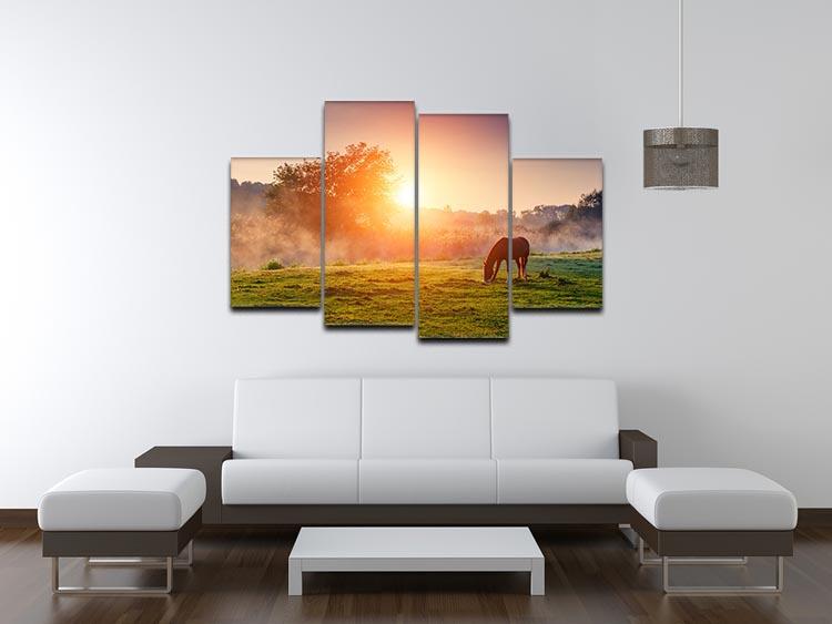 Arabian horses grazing on pasture at sundown in orange sunny beams 4 Split Panel Canvas - Canvas Art Rocks - 3