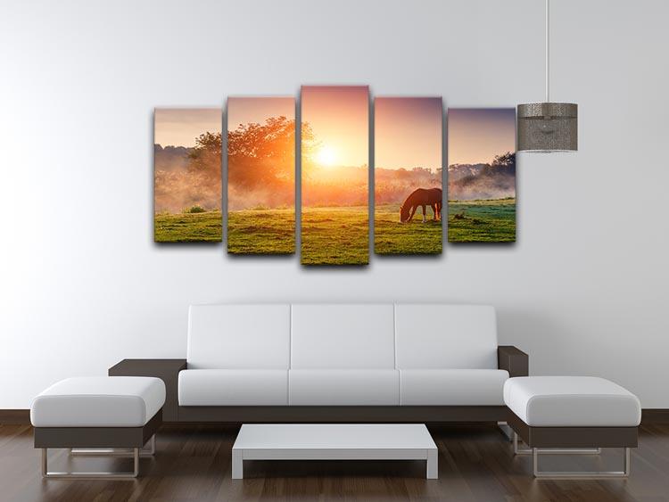 Arabian horses grazing on pasture at sundown in orange sunny beams 5 Split Panel Canvas - Canvas Art Rocks - 3