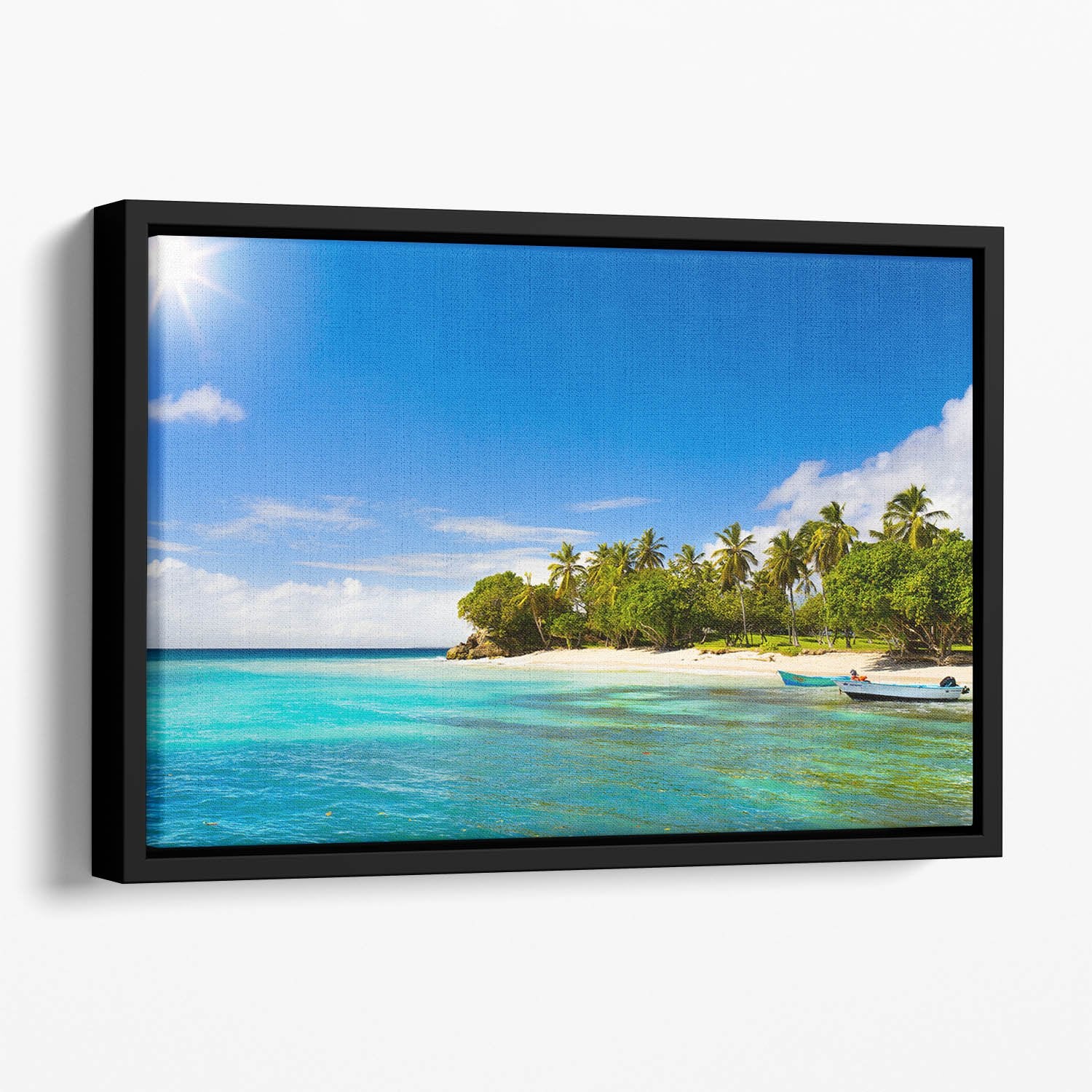 Art Caribbean beach with fishing boat Floating Framed Canvas