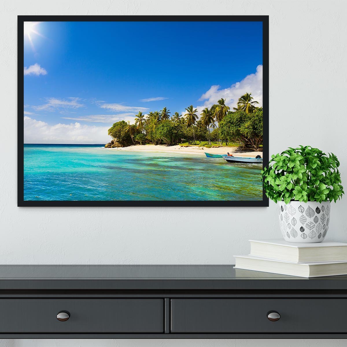 Art Caribbean beach with fishing boat Framed Print - Canvas Art Rocks - 2