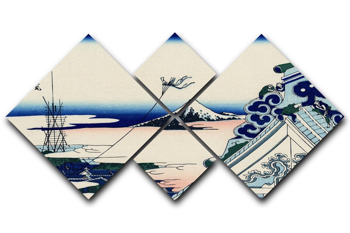 Asakusa Honganji temple by Hokusai 4 Square Multi Panel Canvas  - Canvas Art Rocks - 1