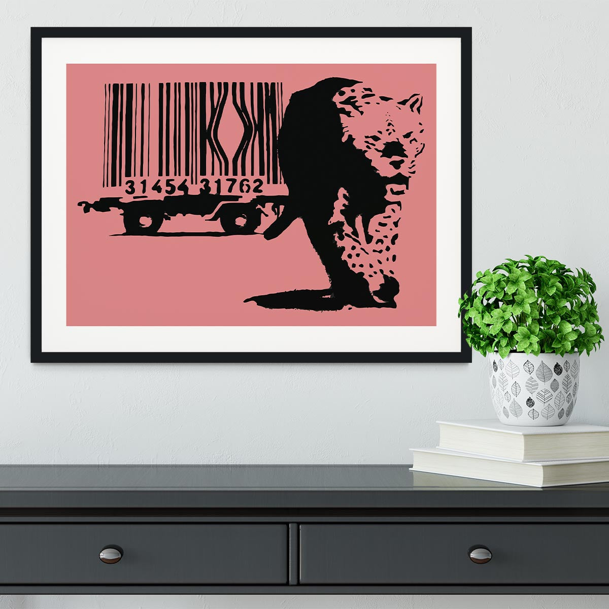 Banksy Barcode Leopard Red Framed Print - Canvas Art Rocks - 1
