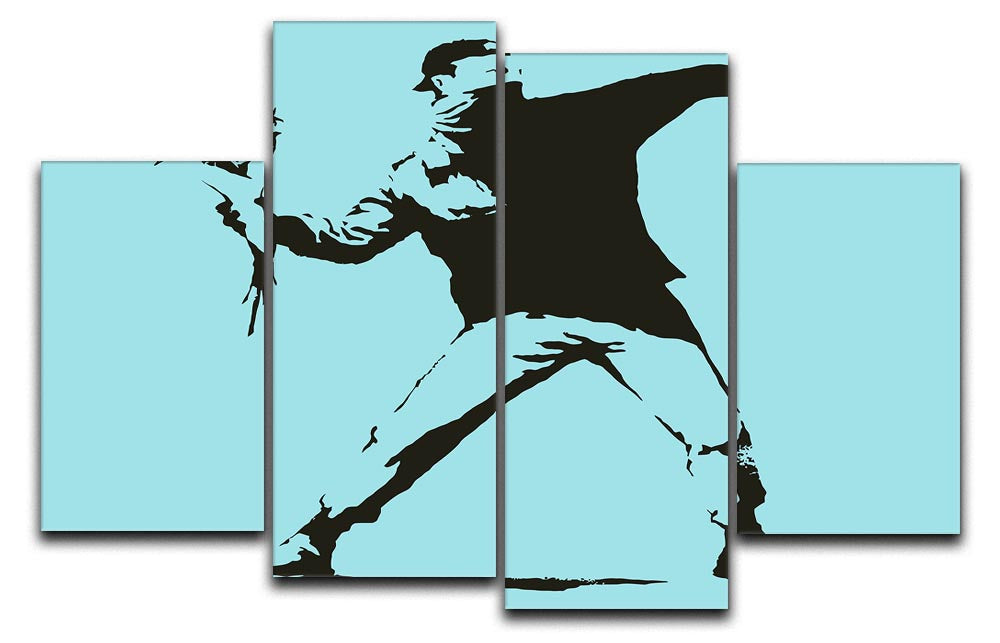 Banksy Flower Thrower Light Blue 4 Split Panel Canvas - Canvas Art Rocks - 1