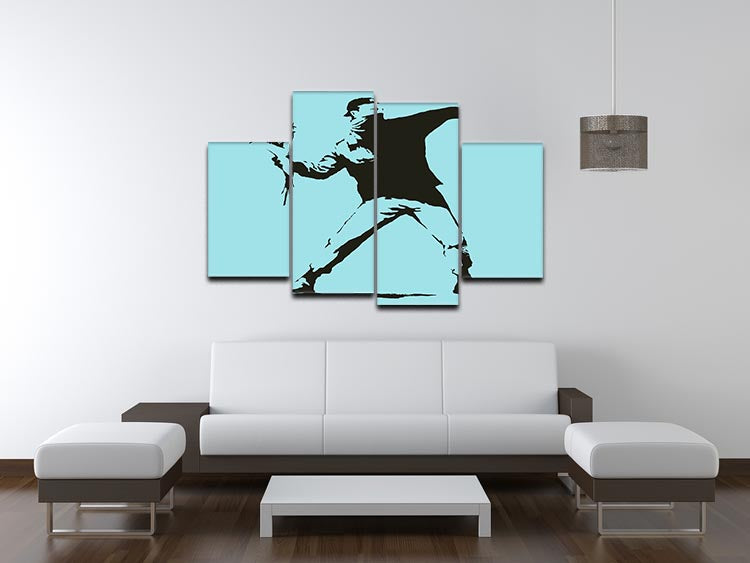 Banksy Flower Thrower Light Blue 4 Split Panel Canvas - Canvas Art Rocks - 3