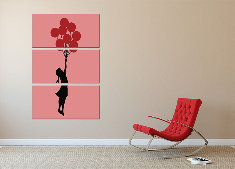 Banksy Flying Balloon Girl Red 3 Split Panel Canvas Print - Canvas Art Rocks - 2