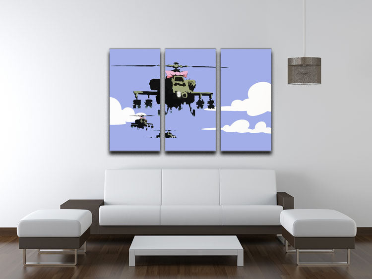 Banksy Friendly Helicopters Blue 3 Split Panel Canvas Print - Canvas Art Rocks - 3
