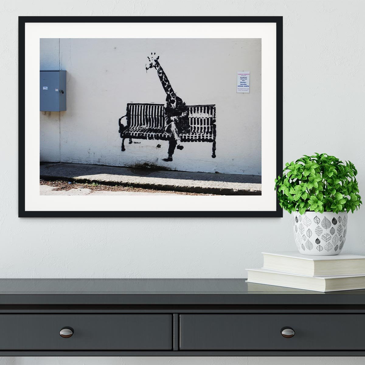 Banksy Giraffe on a Bench Framed Print - Canvas Art Rocks - 1