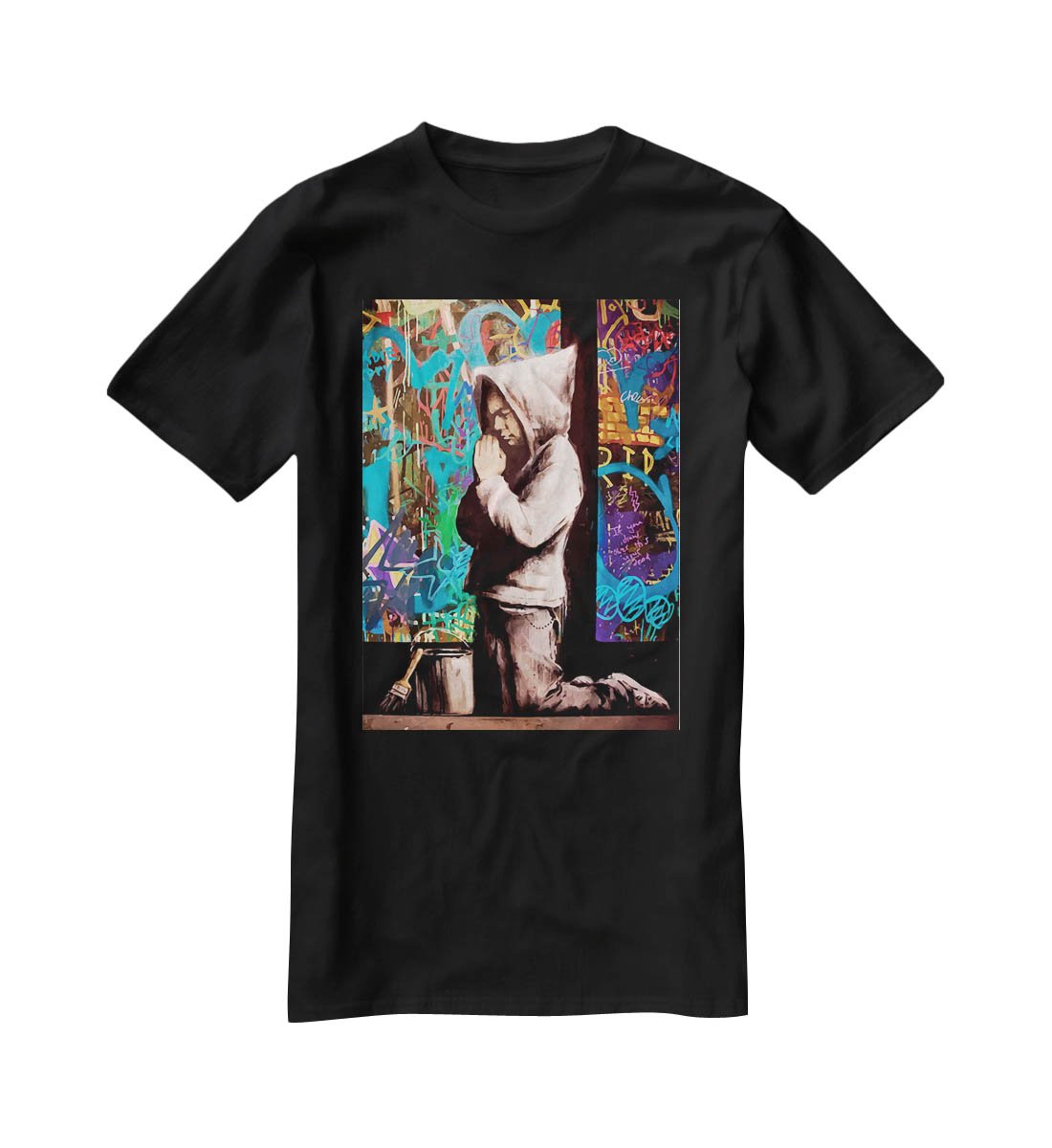 Banksy Graffiti Pray T-Shirt - Canvas Art Rocks - 1