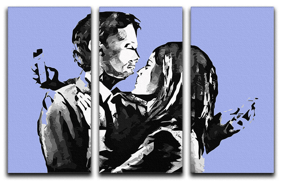 Banksy Mobile Lovers Blue 3 Split Panel Canvas Print - Canvas Art Rocks - 1