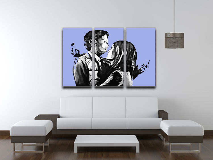 Banksy Mobile Lovers Blue 3 Split Panel Canvas Print - Canvas Art Rocks - 3