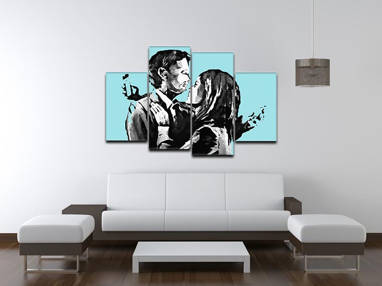 Banksy Mobile Lovers Light Blue 4 Split Panel Canvas - Canvas Art Rocks - 3