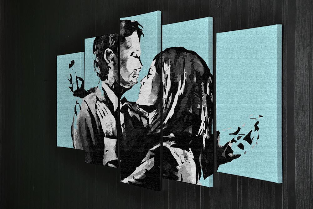 Banksy Mobile Lovers Light Blue 5 Split Panel Canvas - Canvas Art Rocks - 2