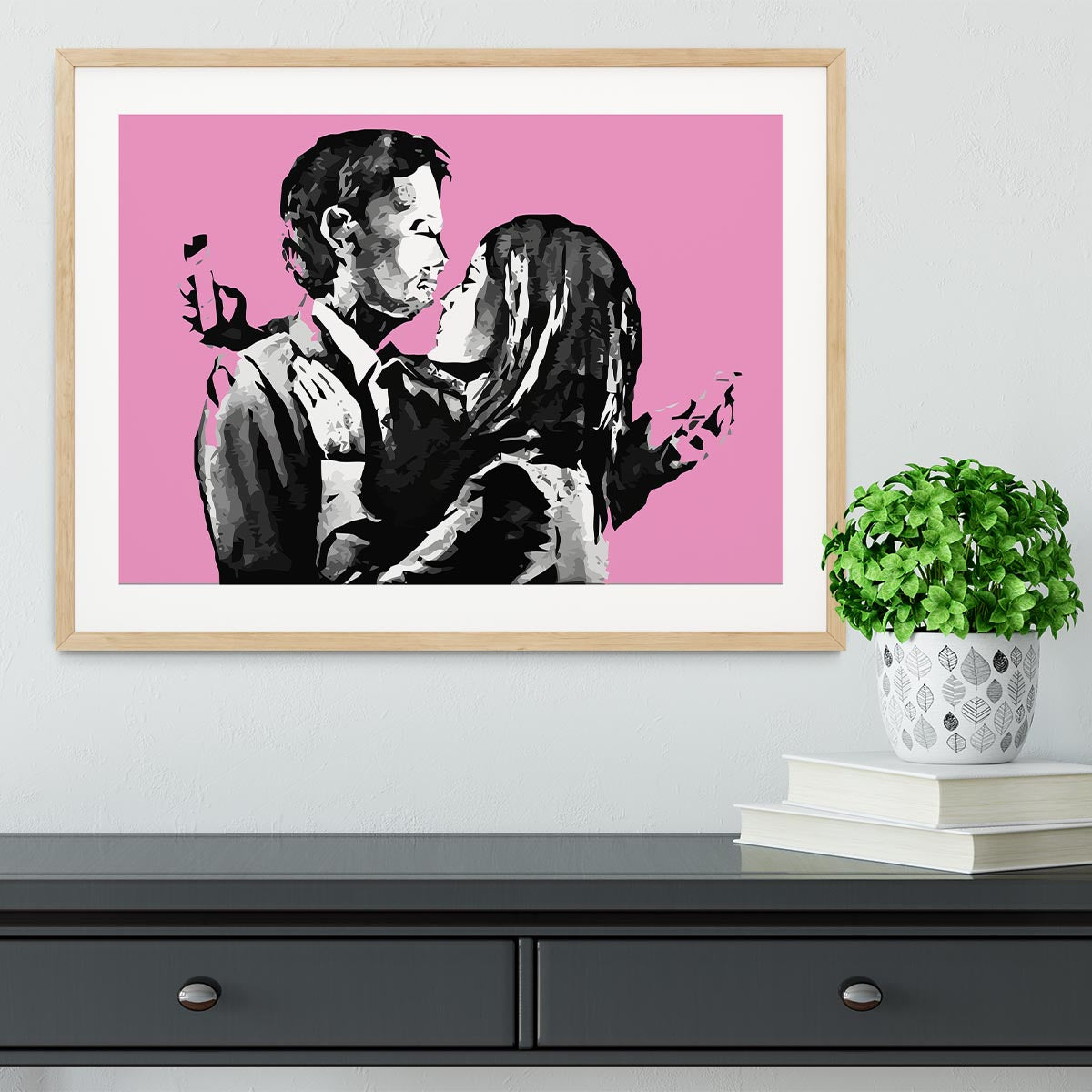 Banksy Mobile Lovers Pink Framed Print - Canvas Art Rocks - 3